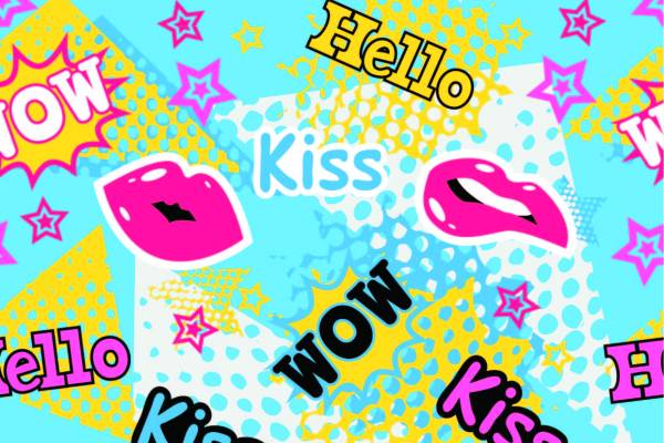 卡通唇印五角星字母KISS矢量图服装纺织面料数码印花花型素材