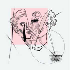 几何线条拼接人物头像花朵矢量图服装裁片T恤烫图印花花型素材