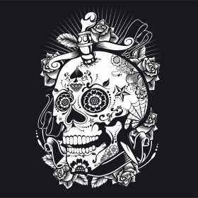 骷髅头花朵花纹矢量图服装裁片T恤烫图印花花型素材