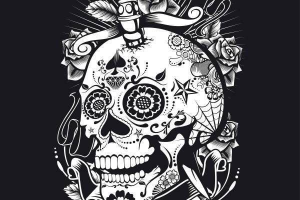 骷髅头花朵花纹矢量图服装裁片T恤烫图印花花型素材