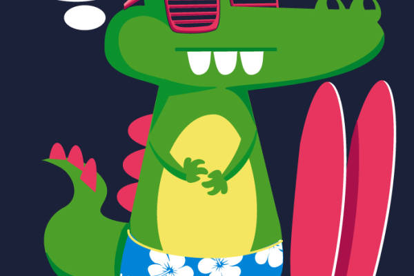 卡通鳄鱼冲浪板印花矢量图服装裁片T恤烫图印花花型素材