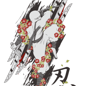 日本忍者牡丹花拼接图案服装裁片T恤烫图印花花型素材