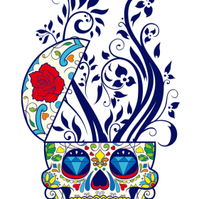 多彩几何花纹拼接骷髅头图案服装裁片T恤烫图印花花型素材