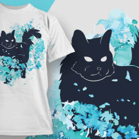 蓝色涂鸦黑色猫咪矢量图服装裁片T恤烫图印花花型素材