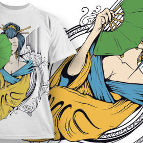 女士人物扇子矢量图服装裁片T恤烫图印花花型素材