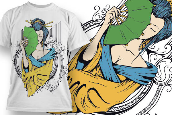 女士人物扇子矢量图服装裁片T恤烫图印花花型素材