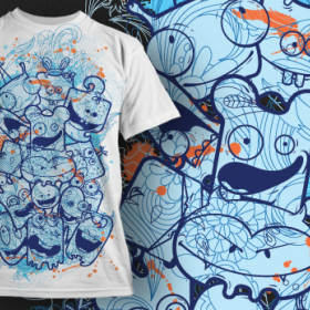 卡通怪兽几何花纹拼接矢量图服装裁片T恤烫图印花花型素材