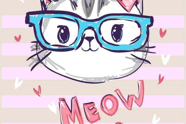 猫咪眼镜心形字母矢量图服装T恤裁片烫图印花花型素材
