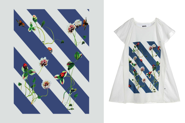 蓝色线条植物花朵矢量图服装T恤裁片烫图印花花型素材