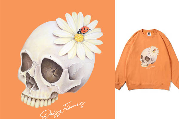 骷髅头植物菊花字母七星瓢虫矢量图服装T恤裁片烫图印花花型素材