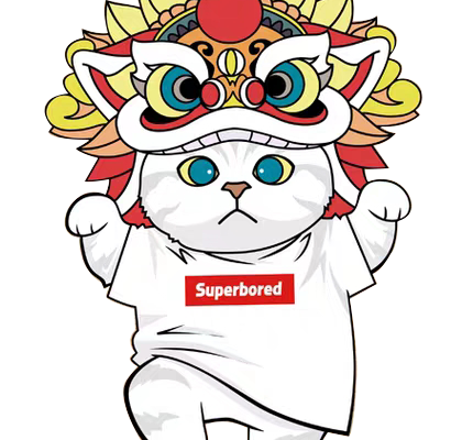功夫猫咪舞狮字母Superbored免抠图服装T恤裁片烫图印花花型素材