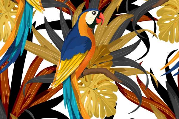 植物叶子鹦鹉拼接印花矢量图服装纺织面料数码印花花型素材