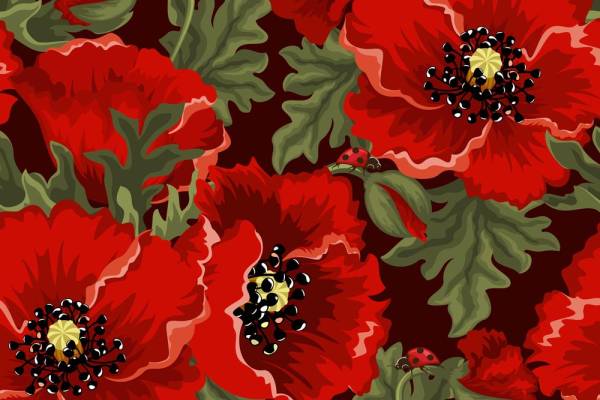 火红植物花朵七星瓢虫印花矢量图服装纺织面料数码印花花型素材
