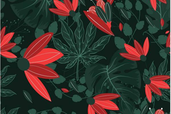 绿色植物叶子火红花朵印花矢量图服装纺织面料数码印花花型素材