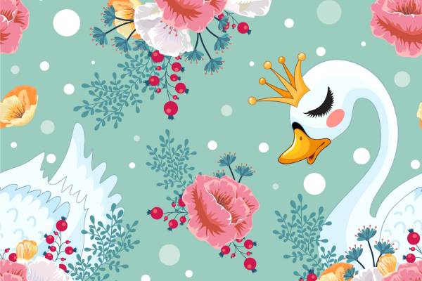 植物牡丹图案天鹅印花花型纺织面料数码印花花型素材