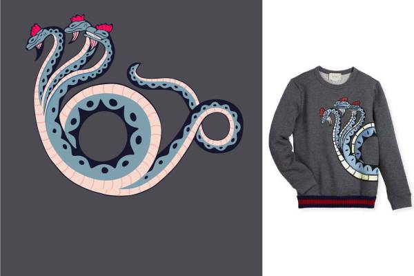 卡通动物三头蛇印花矢量图服装裁片T恤烫图印花花型素材