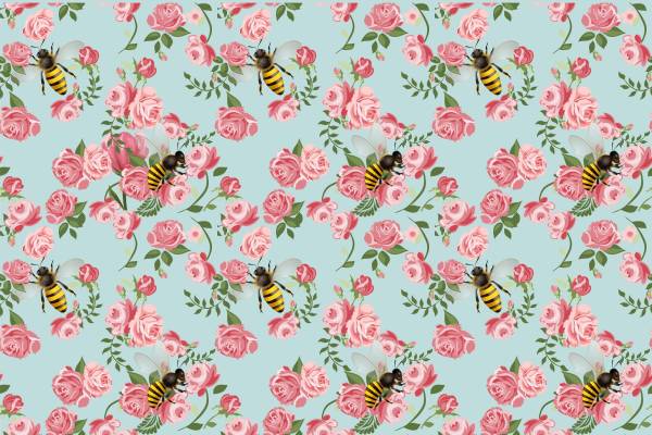 植物玫瑰花蜜蜂印花矢量图服装纺织面料数码印花花型素材