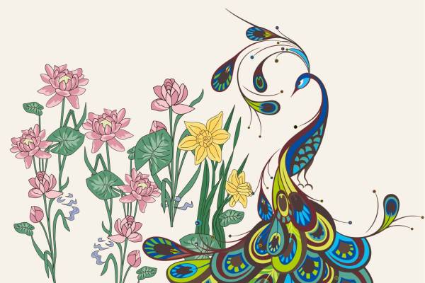 植物花卉孔雀印花矢量图服装裁片T恤烫图印花花型素材