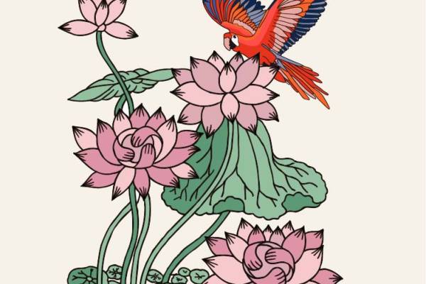 植物荷花鹦鹉印花矢量图服装裁片T恤烫图印花花型素材