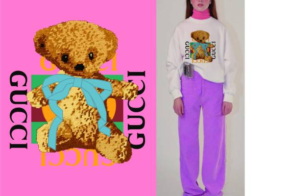 大牌GUCCI字母小熊印花矢量图服装裁片T恤烫图印花花型素材