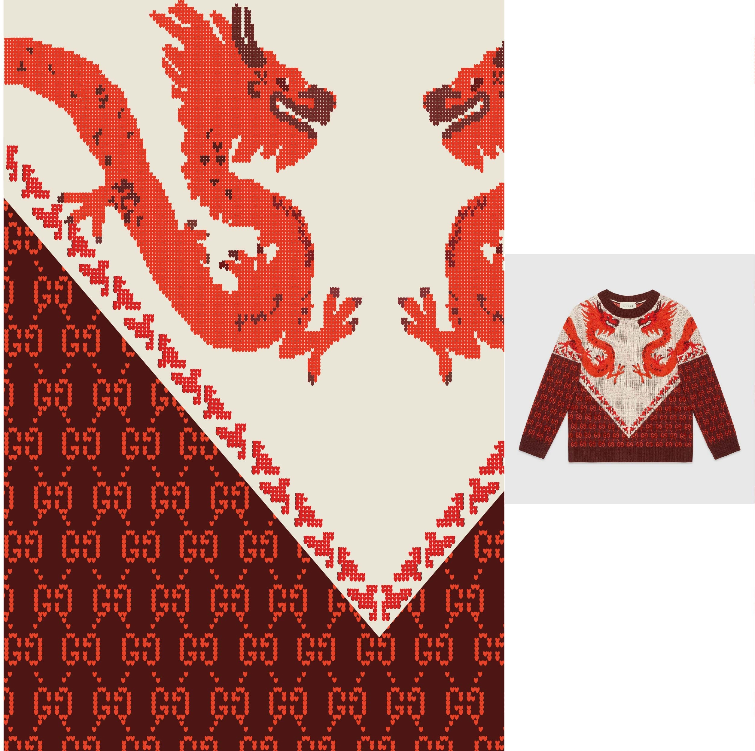 大牌GUCCI几何花纹中国龙印花矢量图服装裁片T恤烫图印花花型素材