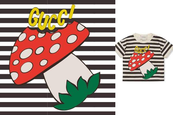 大牌GUCCI蘑菇黑白条子印花矢量图服装裁片T恤烫图印花花型素材