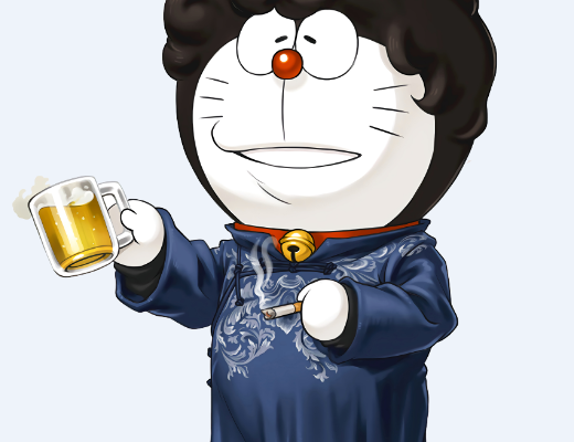 卡通哆啦A梦抽烟喝酒烫头印花图案服装裁片T恤烫图印花花型素材