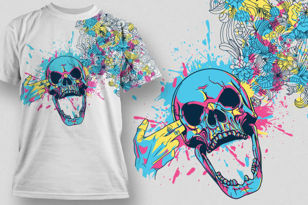 多彩涂鸦骷髅头几何花纹印花矢量图服装裁片T恤烫图印花花型素材