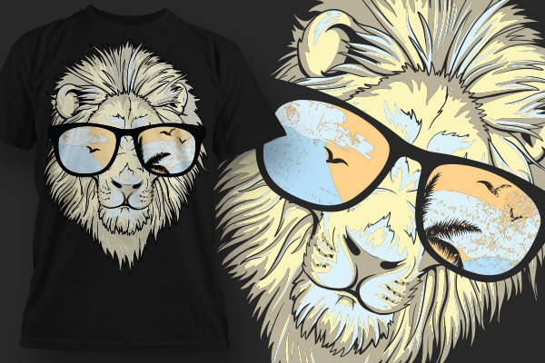 动物狮子眼镜印花矢量图服装裁片T恤烫图印花花型素材