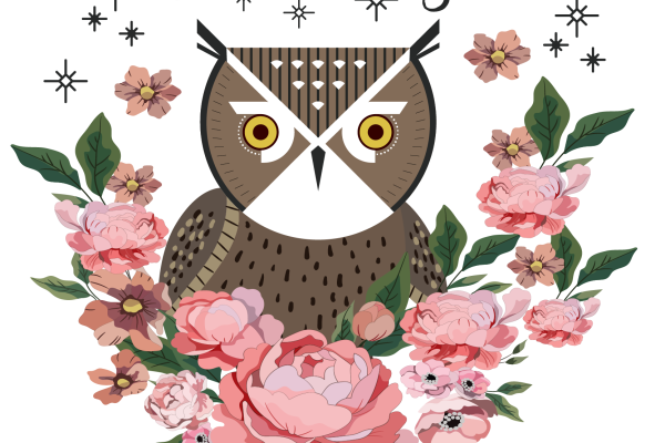 植物牡丹花猫头鹰字母印花矢量图服装裁片T恤烫图印花花型素材