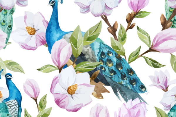 植物大花卉孔雀印花矢量图服装纺织面料数码印花花型素材