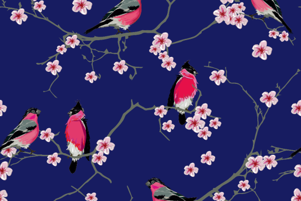 植物花卉桃花飞鸟印花矢量图服装纺织面料数码印花花型素材