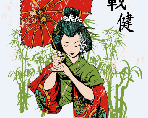 日系风人物竹子印花矢量图服装裁片T恤烫图印花花型素材