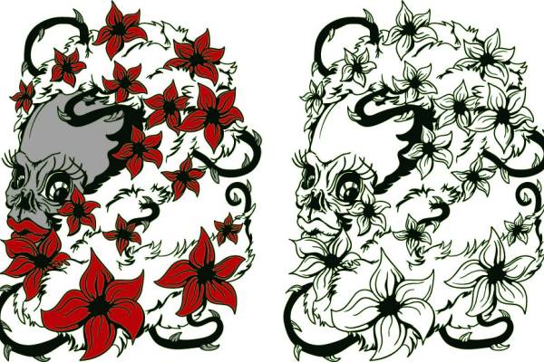 骷髅头花朵印花矢量图服装裁片T恤烫图印花花型素材