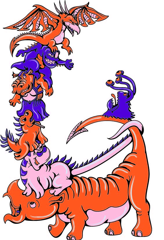 几何怪兽飞龙印花矢量图服装裁片T恤烫图印花花型素材