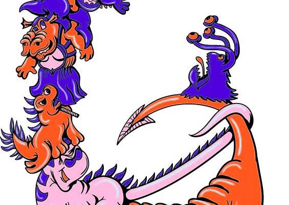 几何怪兽飞龙印花矢量图服装裁片T恤烫图印花花型素材