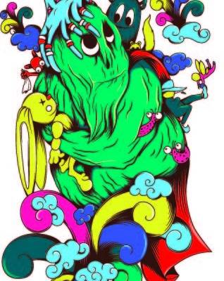 多彩卡通怪兽印花矢量图服装裁片T恤烫图印花花型素材