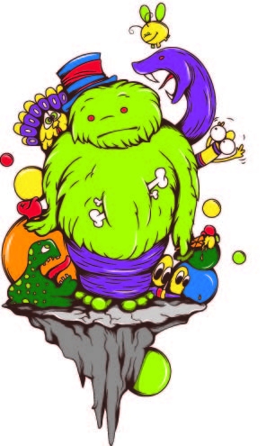 多彩卡通怪兽印花矢量图服装裁片T恤烫图印花花型素材