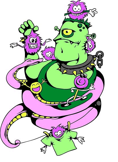 多彩卡通怪兽印花矢量图服装裁片T恤烫图印花花型素材