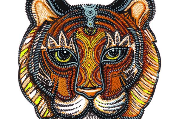 多彩几何图案拼接老虎头像印花矢量图服装裁片T恤烫图印花花型素材