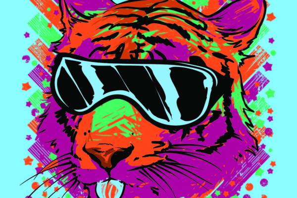 霓虹多彩老虎花纹字母印花矢量图服装裁片T恤烫图印花花型素材