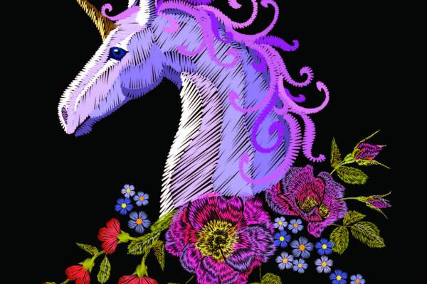 几何独角兽牡丹花印花矢量图服装裁片T恤烫图印花花型素材