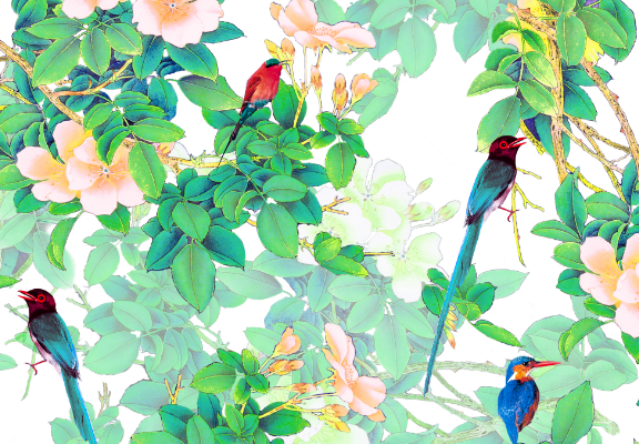 绿色植物飞鸟印花图案服装纺织面料数码印花花型素材