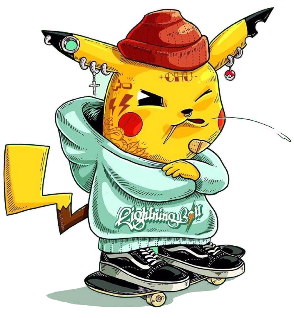 搞怪皮卡丘滑板印花图案服装裁片T恤烫图印花花型素材