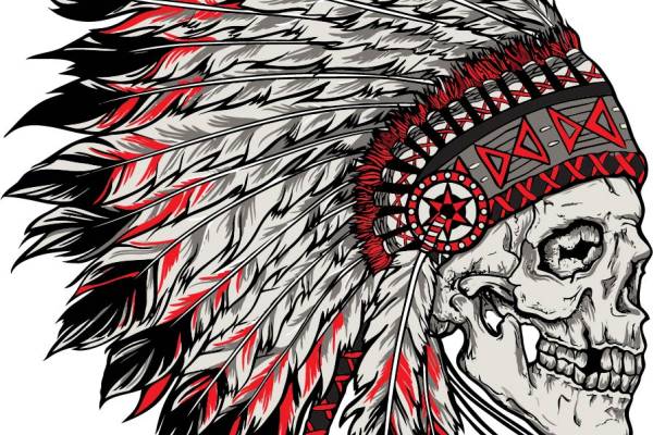骷髅头羽毛头饰印花矢量图服装裁片T恤烫图印花花型素材