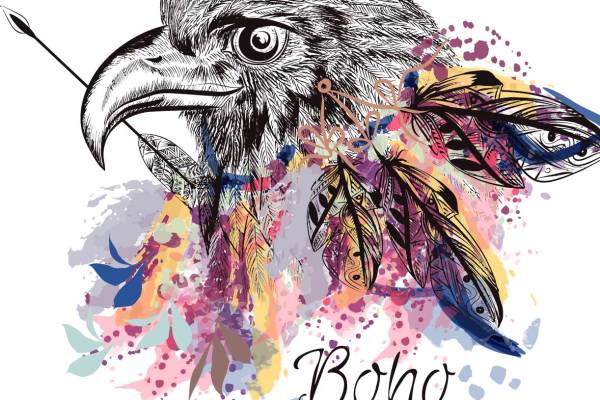 几何涂鸦羽毛老鹰印花矢量图服装裁片T恤印花花型素材