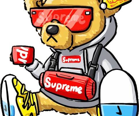 卡通动漫熊SUPREME字母印花矢量图服装裁片T恤烫图印花花型素材