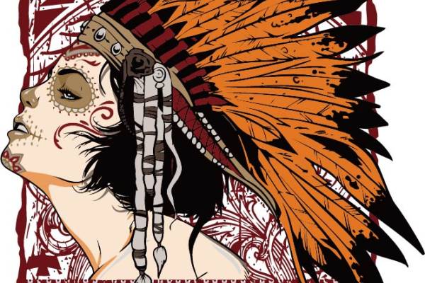 印第安风女士人物头像羽毛头饰印花矢量图服装裁片T恤烫图印花花型素材