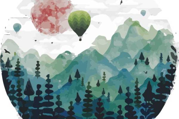 山水热气球印花矢量图服装裁片T恤烫图印花花型素材