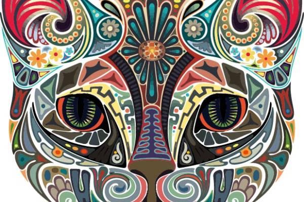 多彩民族风花纹动物猫咪印花矢量图服装裁片T恤烫图印花花型素材